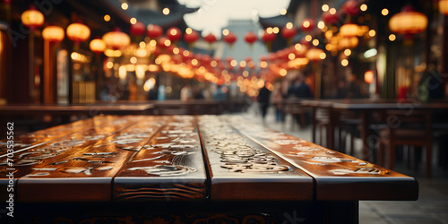Empty Wooden Table with Blurred Ancient Chinese Town Background, Decorated with Hanging Lanterns photo