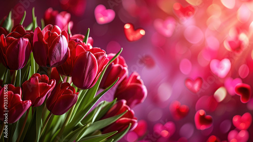 Red tulips flowers background with hearts on a blurred background as Valentine's day love background © Cobalt