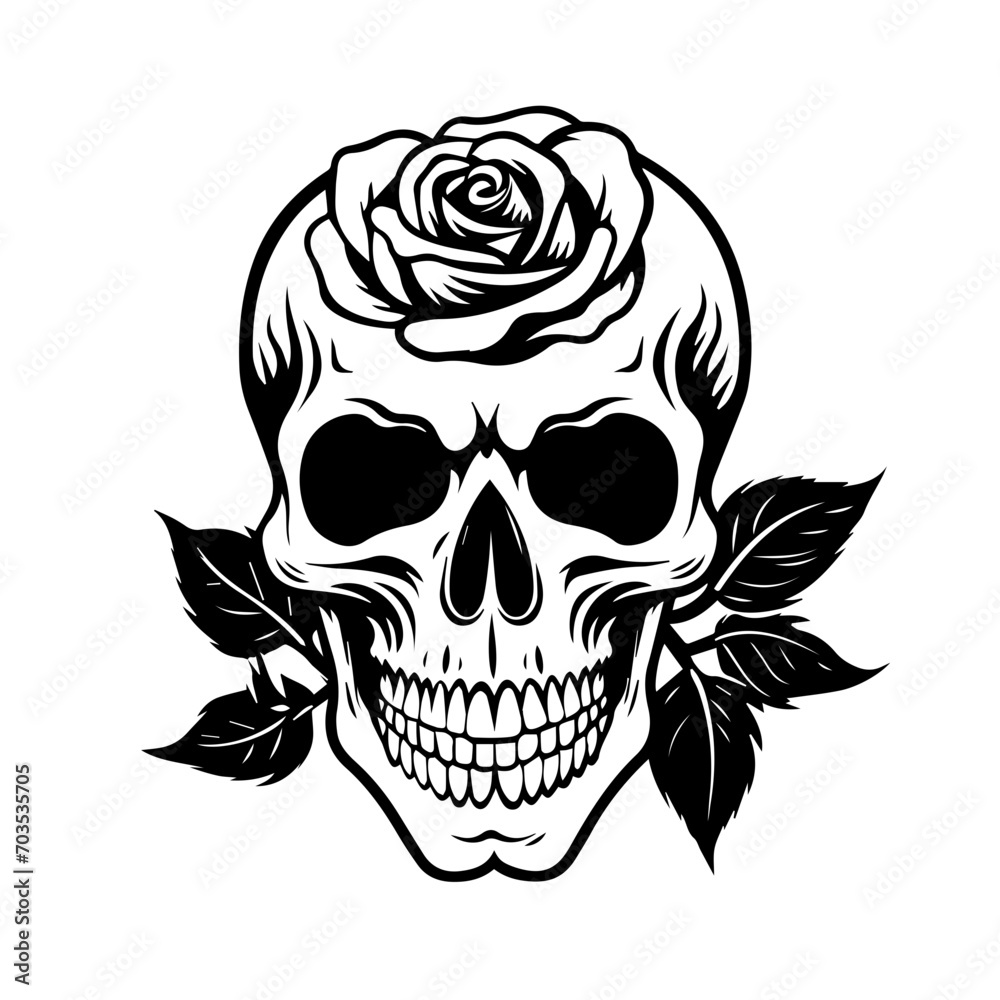 Gothic Skull with Blooming Rose Vector