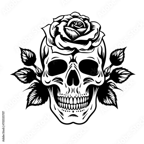Gothic Skull with Blooming Rose Vector