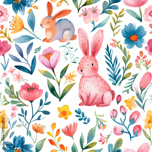 Cute watercolor spring flower and Easter bunny rabbit seamless pattern on background.