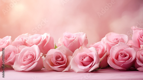 Pink roses background, many light pink flowers on a blurred background.