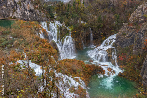 Plitvice Lakes National Park. Waterfalls, rivers and lakes in cascades in Croatia