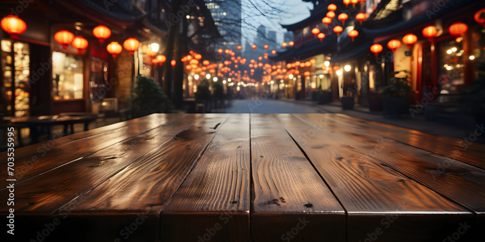Empty Wooden Table with Blurred Ancient Chinese Town Background, Decorated with Hanging Lanterns