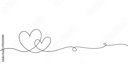 Two hearts continuous one line drawing with copy space. Valentine’s Day simple doodle sketch. Love symbols in linear styles. Black thin line arts.