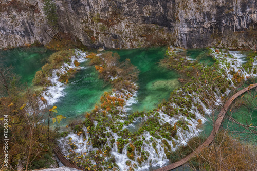 Lower lakes canyon. Barrier between the lakes Gavanovac and Kaluderovac. Plitvice Lakes National Park