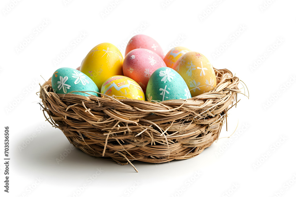 Multi colors Easter eggs in basket isolated on white background.