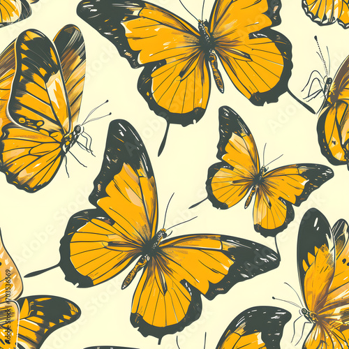 Yellow butterfly seamless pattern on background. © Pacharee
