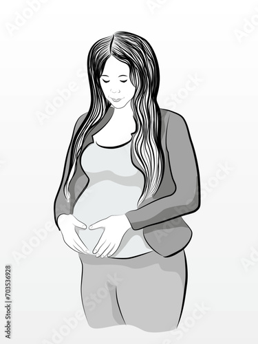 Vertical format portrait lineout illustrated pregnant woman black gray white color