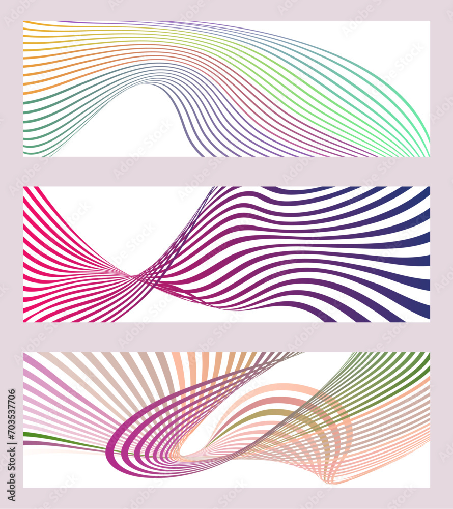 Wavy lines or ribbons. Set of 3 backgrounds. Multicolored striped gradient. Creative unusual background with abstract gradient wave lines to create a trendy banner, poster. vector eps Wavy lines or ribbons. Set of 3 backgrounds. Multicolored striped gradient. Creative unusual background with abstract gradient wave lines to create a trendy banner, poster. vector eps