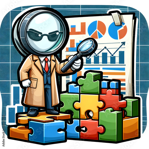 Un personaje de caricatura como detective con una lupa, examinando un rompecabezas hecho de bloques de datos y gráficos.