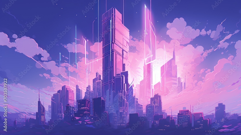 city in the night. Beautiful 4K purple background. Digital made landscape. Generative AI