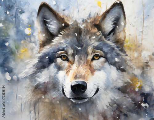 Closeup of wolf head in acrylic paint drawing style