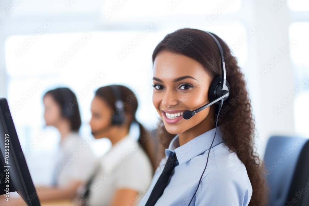 A charming photo captures a Scandinavian call center professional with a headset, smiling warmly and exuding approachability. A charming photo captures a Scandinavian call center professional with a headset, smiling warmly and exuding approachability.