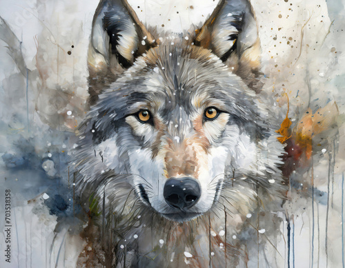 Closeup of wolf head in acrylic paint drawing style