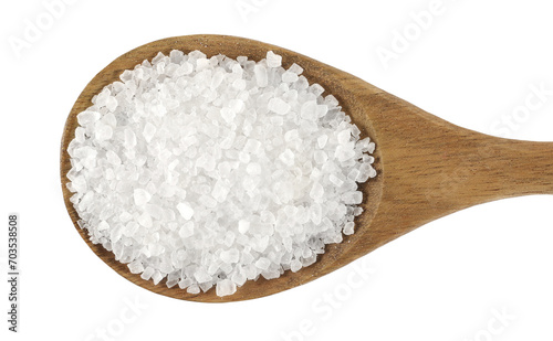Coarse sea salt in wooden spoon isolated on white, top view