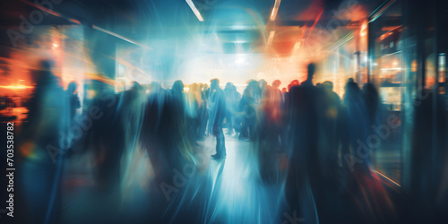 Blurred people walking in the busy nightclub, motion blur time-lapse clubbers photo