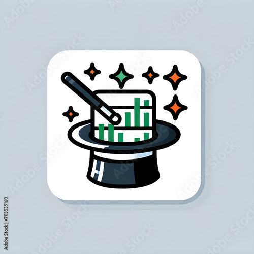 A fun and engaging design of an Excel icon as a magician, complete with a magic wand and hat, performing tricks with charts and formulas on a stage, representing the magic of data analysis.