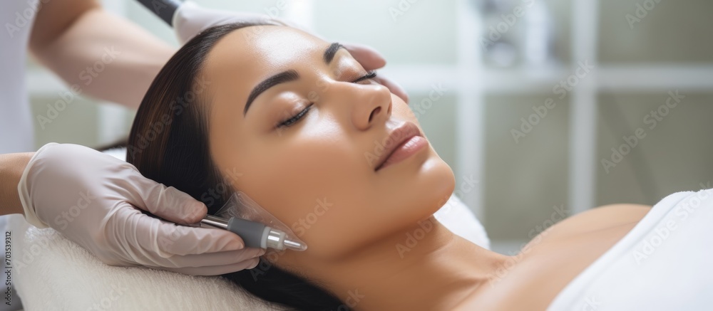 Asian woman receiving facelift and skincare at spa clinic using electroporation therapy.