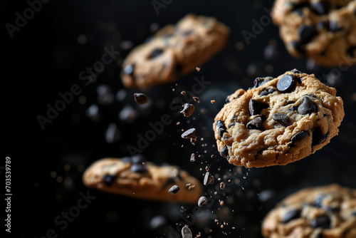 Chocolate Chip Cookies on black background. Generative AI