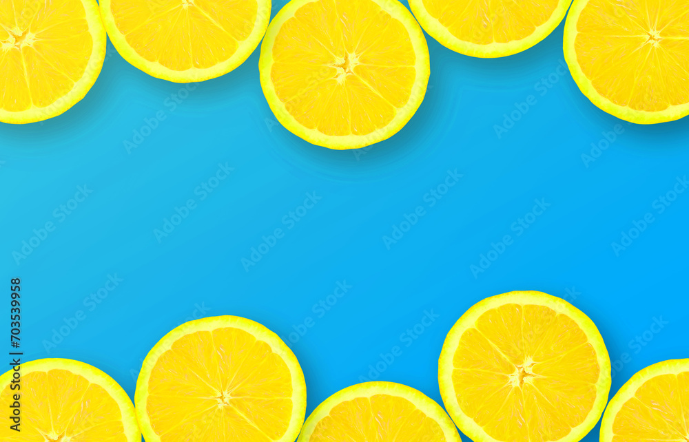 Top view of a orange fruit slices on bright blue background. A saturated citrus frame with horizontal borders. Minimalistic flat lay