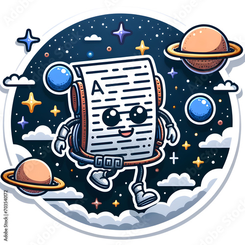 Un diseño imaginativo de un icono de Word como explorador espacial, navegando por una galaxia de estrellas y planetas que se asemejan a burbujas de texto y párrafos.