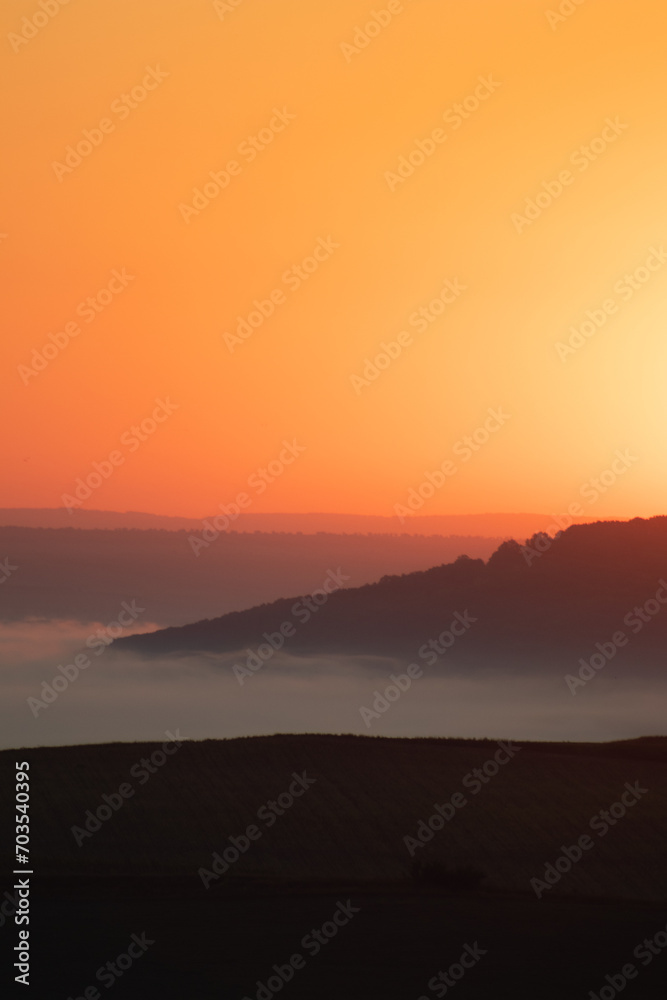 Sunrise landscape, colorful warm cold nature, world, river, hills and village