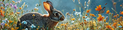 Kaninchen auf der Wiese mit blühenden Blumen. Ostern Hintergrund. 
