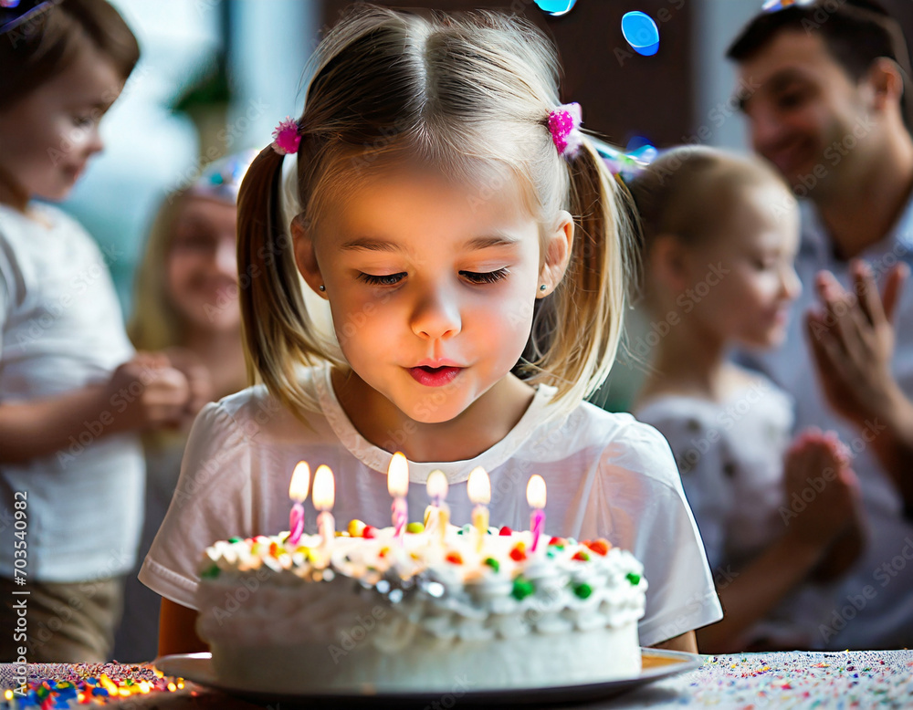 Dziewczynka usiłująca zdmuchnąć świeczki na torcie urodzinowym. W tle rodzina. Przyjęcie urodzinowe  - obrazy, fototapety, plakaty 