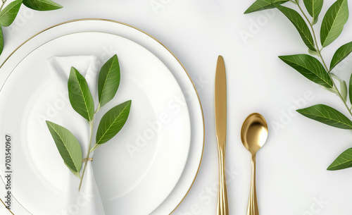 Festive wedding, birthday or christmas table setting with golden cutlery, porcelain plate and green plant. Top view