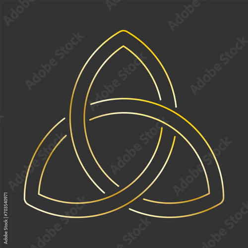 Triquetra Celtic Knot outline. Golden sign on black background. Vector illustartion