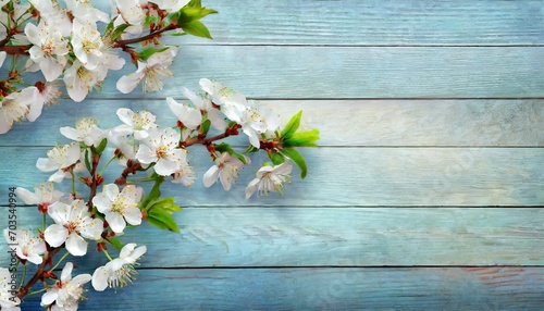 Kwitnące gałązki wiśni na niebieskich deskach. Wiosenne tło photo