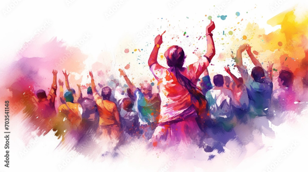 Indian people celebrating Hindu Holi Festival. Watercolor style poster illustration. attractive vector illustration, even colors, celebrating holi festival. illustration of the holi festival in India. - obrazy, fototapety, plakaty 
