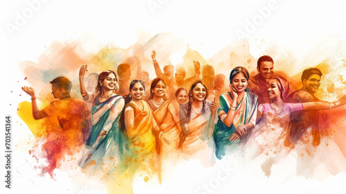 Indian people celebrating Hindu Holi Festival. Watercolor style poster illustration. attractive vector illustration, even colors, celebrating holi festival. illustration of the holi festival in India. © Dirk