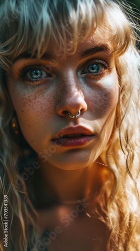 a woman with freckles and a nose ring