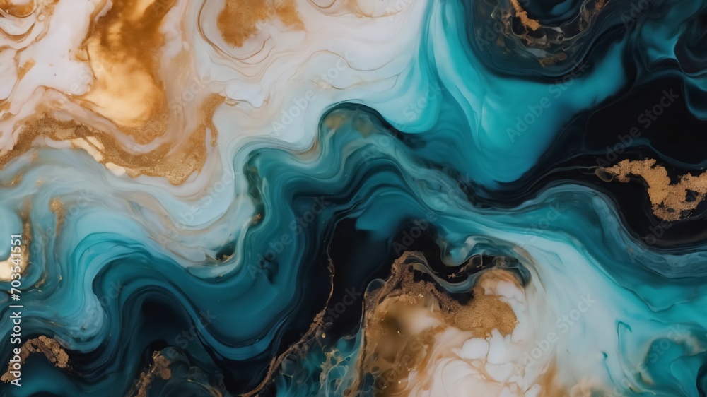 Natural luxury abstract fluid art painting in alcohol ink technique. Tender and dreamy wallpaper. Mixture of colors creating transparent waves and black swirls.Ai generative