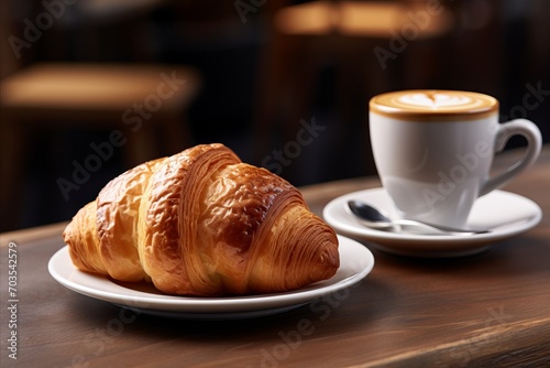 City Cafe Bliss. Tempting Croissant and Aromatic Coffee Delight on an Outdoor Table