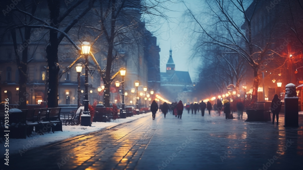Enchanting winter evening: festive blurred street at Christmas