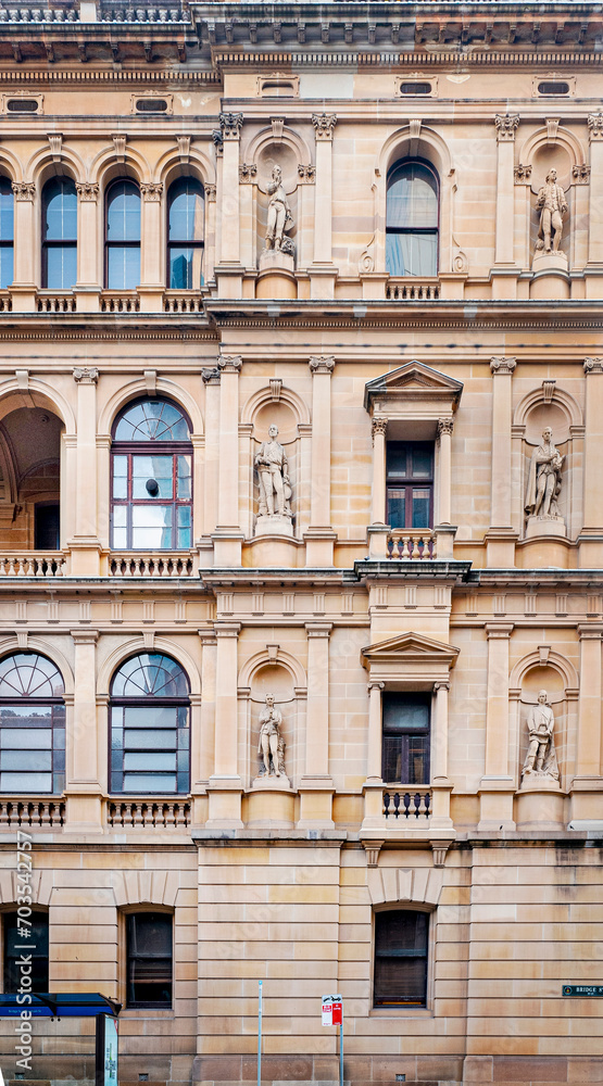 Lands Department Building, at Bridge Street, built 1887 in Italian Renaissa, whose sculpted occupants include explorers and legislators. The design was made by Architect James Barnet, Sydney, Jan 2020