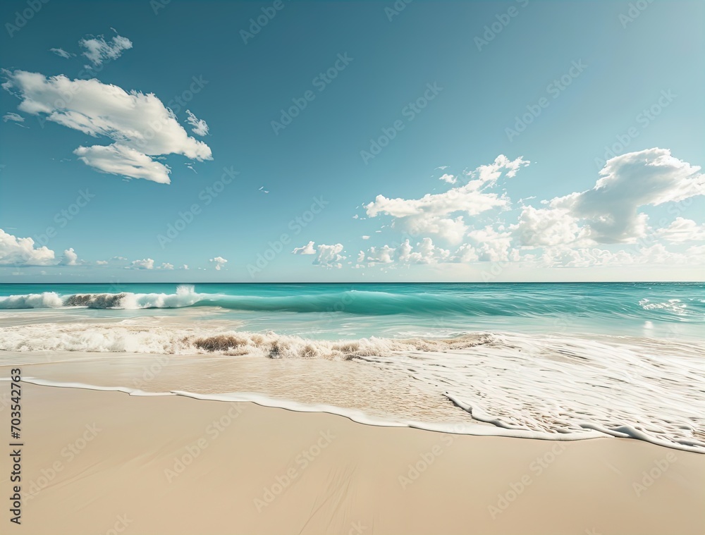 Sands of paradise! Beach transformed with light turquoise and beige hues, capturing exotic bokeh. Vibrant 3840x2160 resolution under a bright, light sky-blue. A Slim Aarons-inspired masterpiece awaits