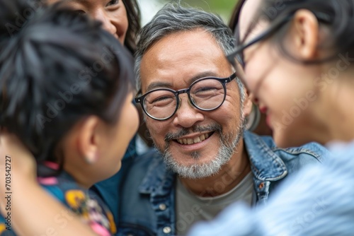 Asian man with glasses in a circle of friends talking and smiling, friendly conversation