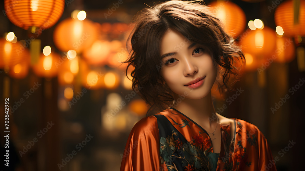 Beautiful Short Haired Asian Woman in Traditional Dress with Blurred Lantern Background. Asian Women Celebrate the Lunar New Year Festival Beautiful Short Haired Asian Woman in Traditional Dress with Blurred Lantern Background. Asian Women Celebrate the Lunar New Year Festival