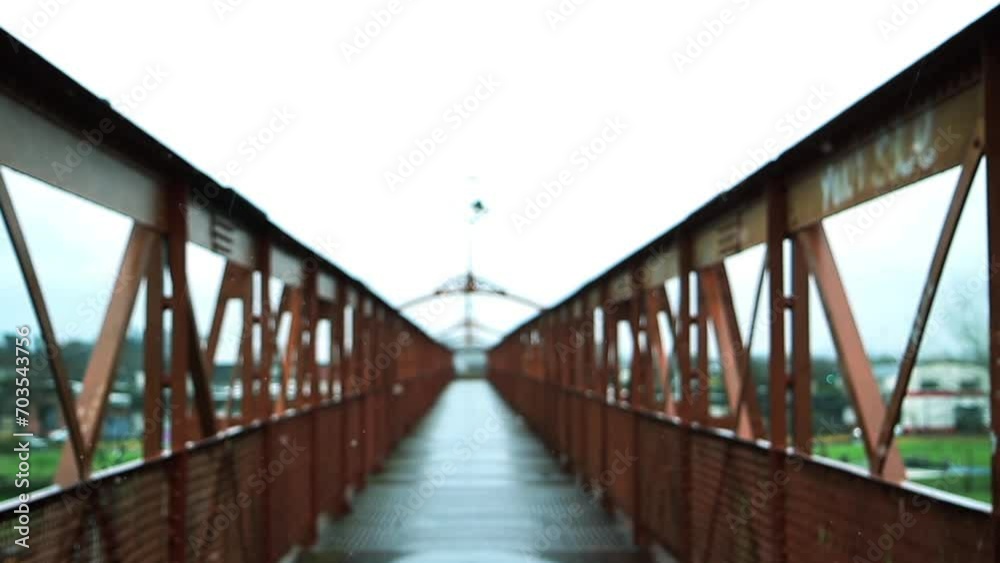An Old Iron Pedestrian Bridge During a Rainy Day in Pergamino, Buenos Aires Province, Argentina.