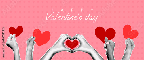 Valentines day banner template with halftone collage hands holding hearts. Cutout magazine shapes and doodles, love and romance concept. Modern retro vector illustration