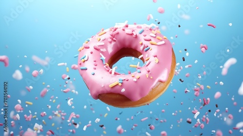 Flying pink sprinkled donuts. Sweet doughnut on pastel blue background.