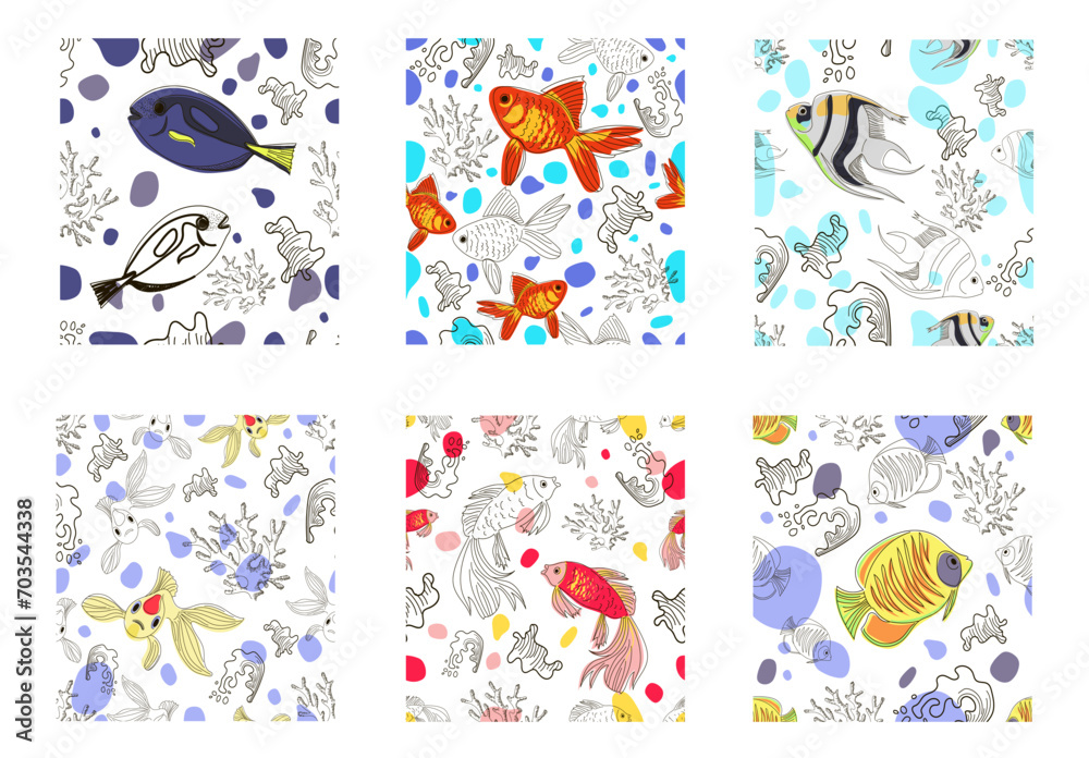 Set of 6 seamless patterns with fish, coral and waves in linear and doodle style. Marine pattern. Vector illustration