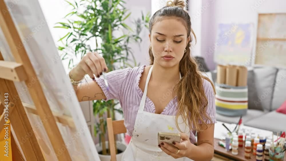 Captivating portrait of a beautiful hispanic female artist, engrossed in her art, drawing creatively on a smartphone in a studio Captivating portrait of a beautiful hispanic female artist, engrossed in her art, drawing creatively on a smartphone in a studio