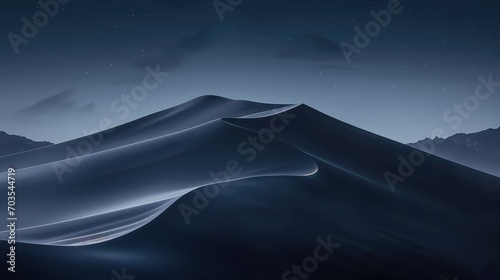 Mystical night landscape  silky dunes under a starry sky surrounded by majestic mountains