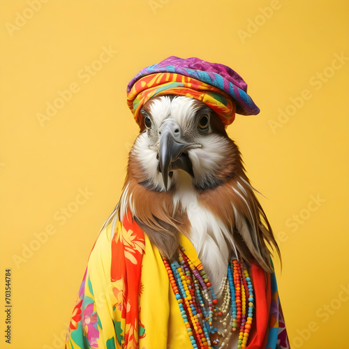 Bird dressed in hippy clothes on yellow background. Humanization of animals concept