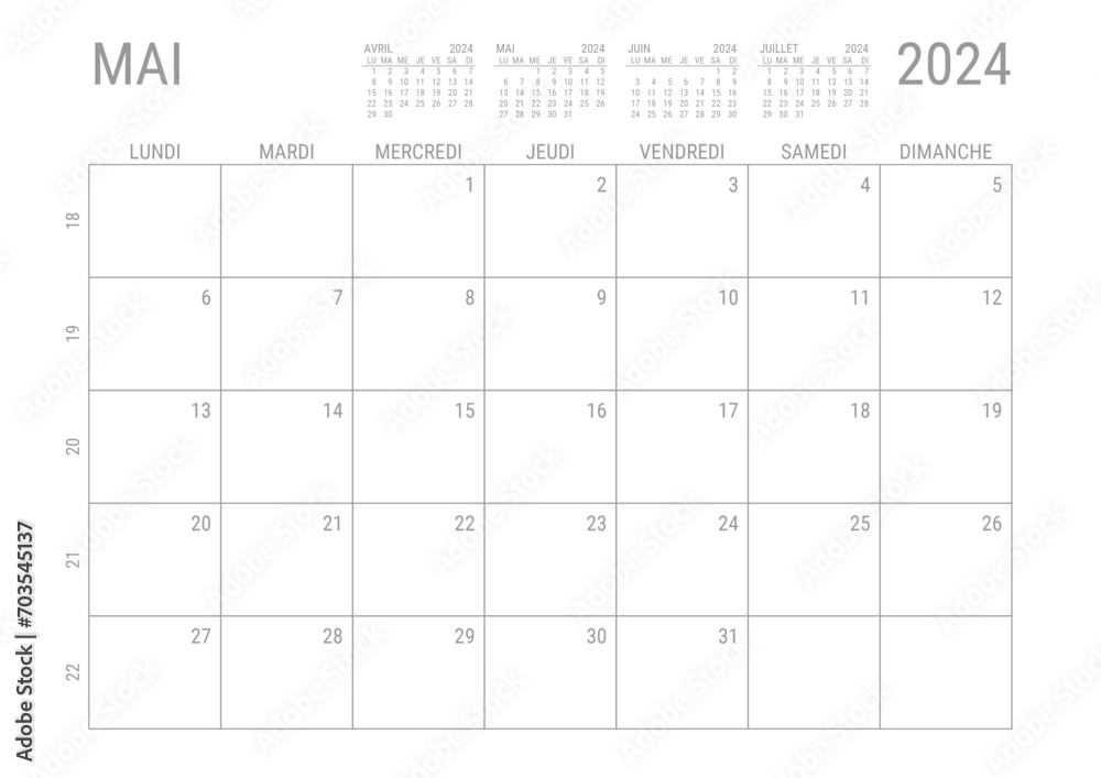 Calendrier Mai 2024 Mensuel Planificateur avec Numero de Semaine à imprimer A4